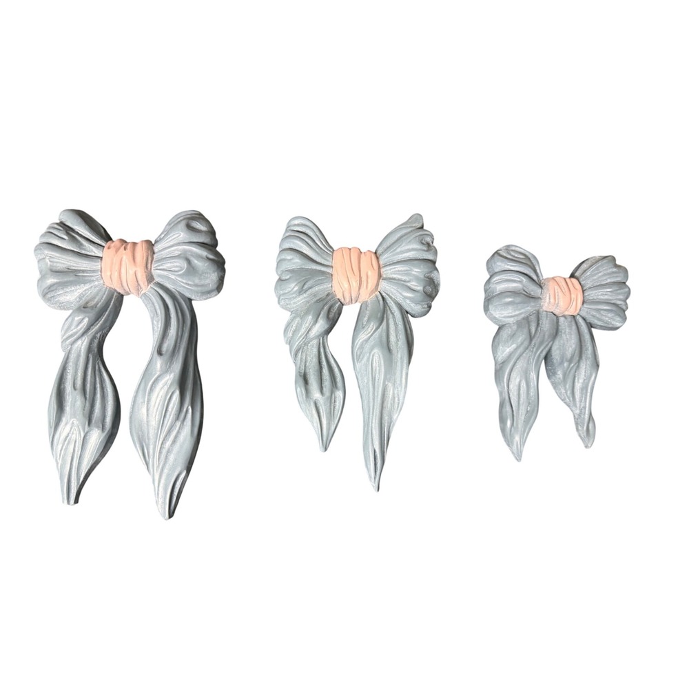 Vintage Homco Blue Pink Bow Wall Decor Set of 3 Hard Plastic Ribbon Hangings